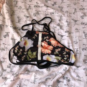 Black Floral Halter Bikini Top